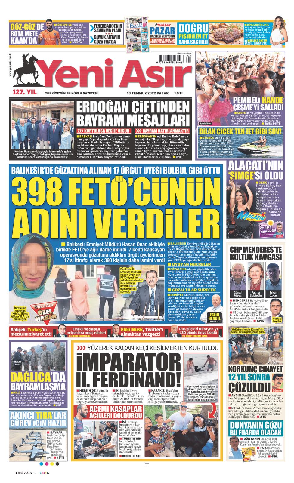 10 Temmuz 2022 Pazar - Yeni Asır gazetesi manşet