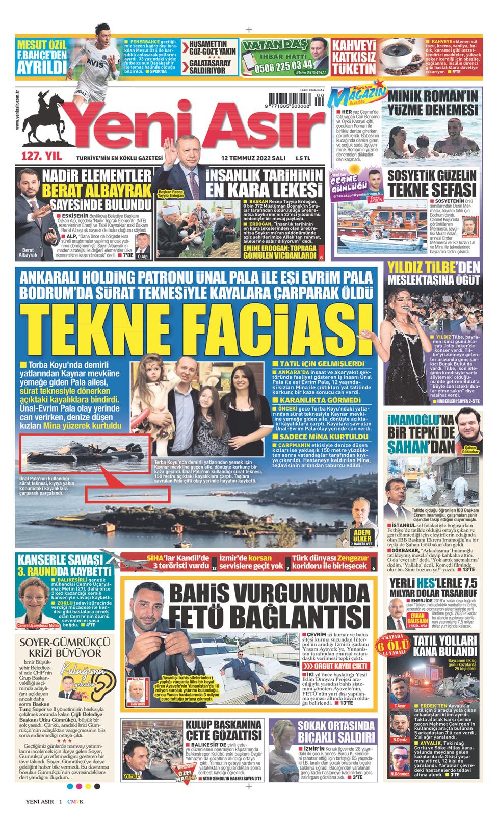 12 Temmuz 2022 Salı - Yeni Asır gazetesi manşet