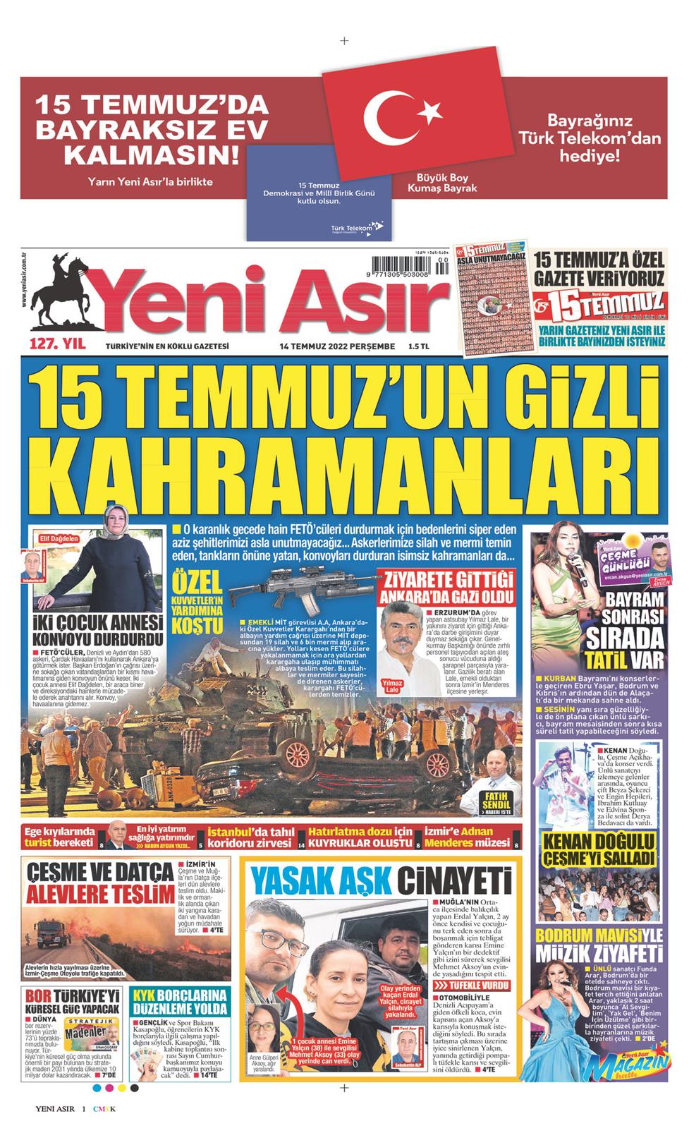 14 Temmuz 2022 Perşembe - Yeni Asır gazetesi manşet