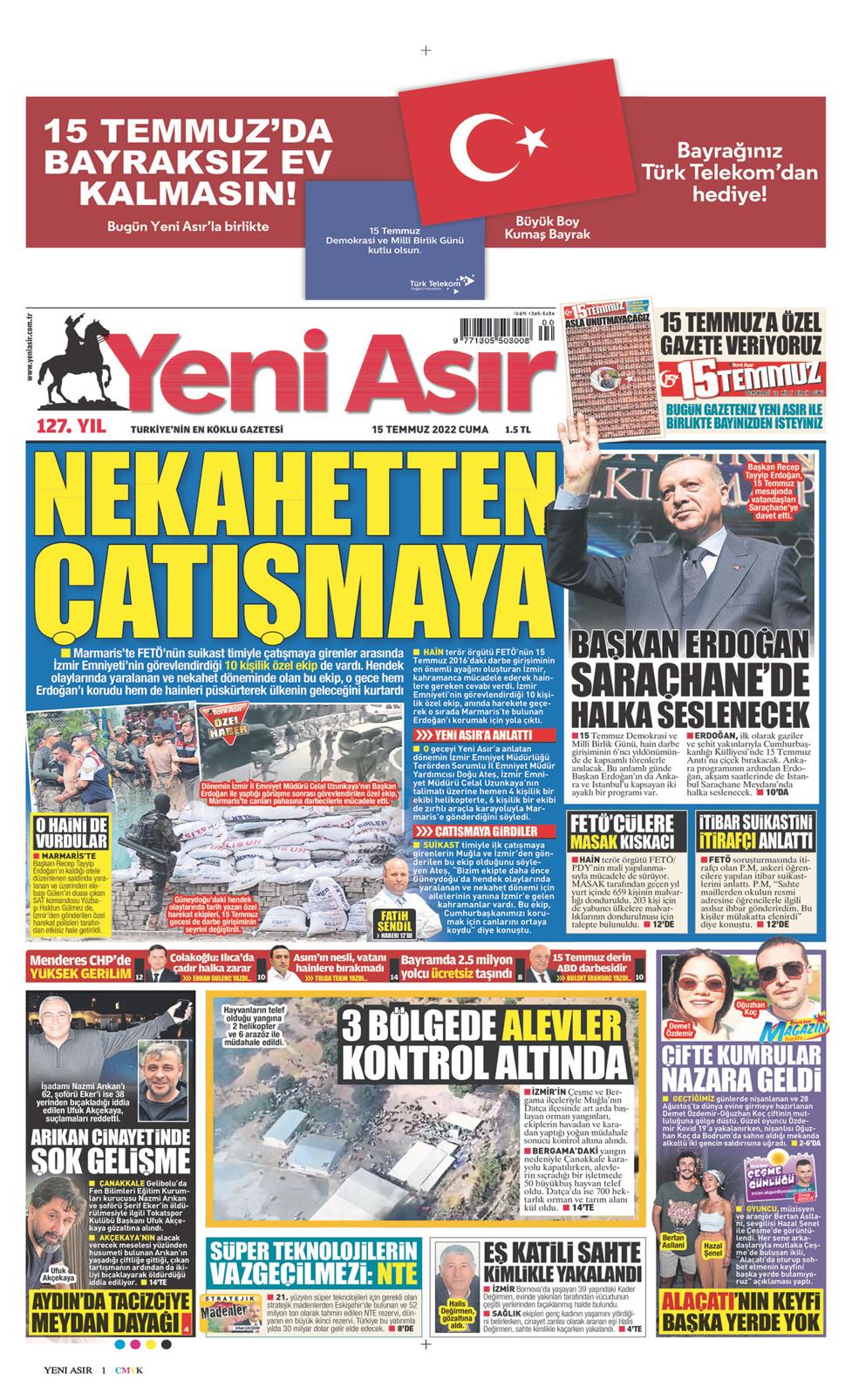 15 Temmuz 2022 Cuma - Yeni Asır gazetesi manşet