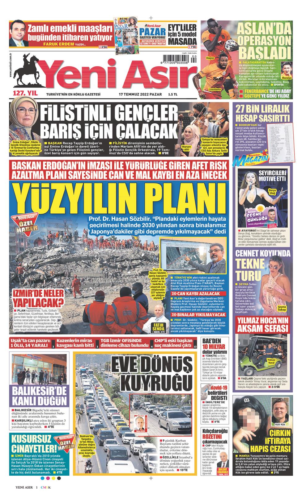 17 Temmuz 2022 Pazar - Yeni Asır gazetesi manşet