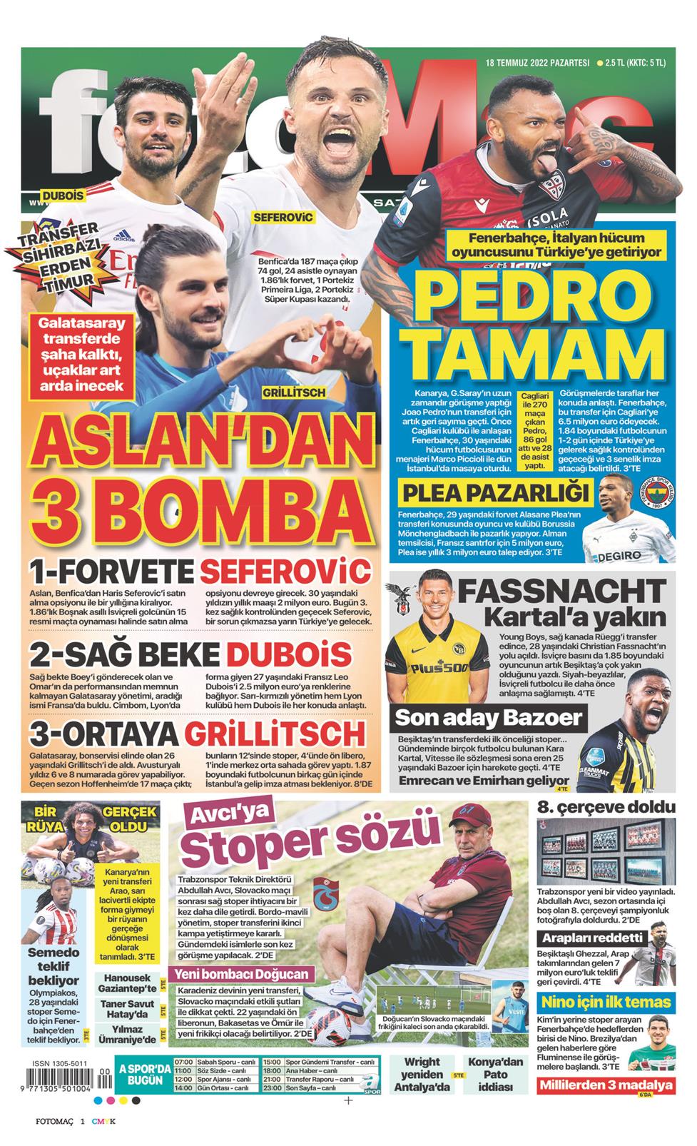 18 Temmuz 2022 Pazartesi - Fotomaç gazetesi manşet