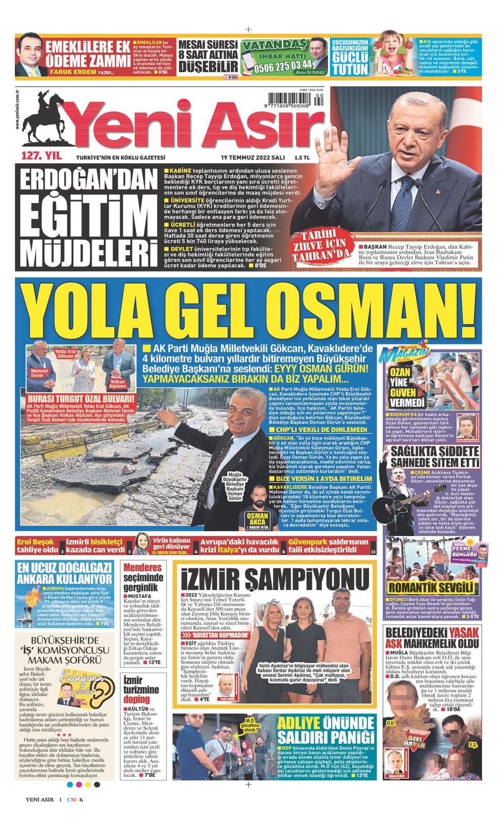 19 Temmuz 2022 Salı - Yeni Asır gazetesi manşet