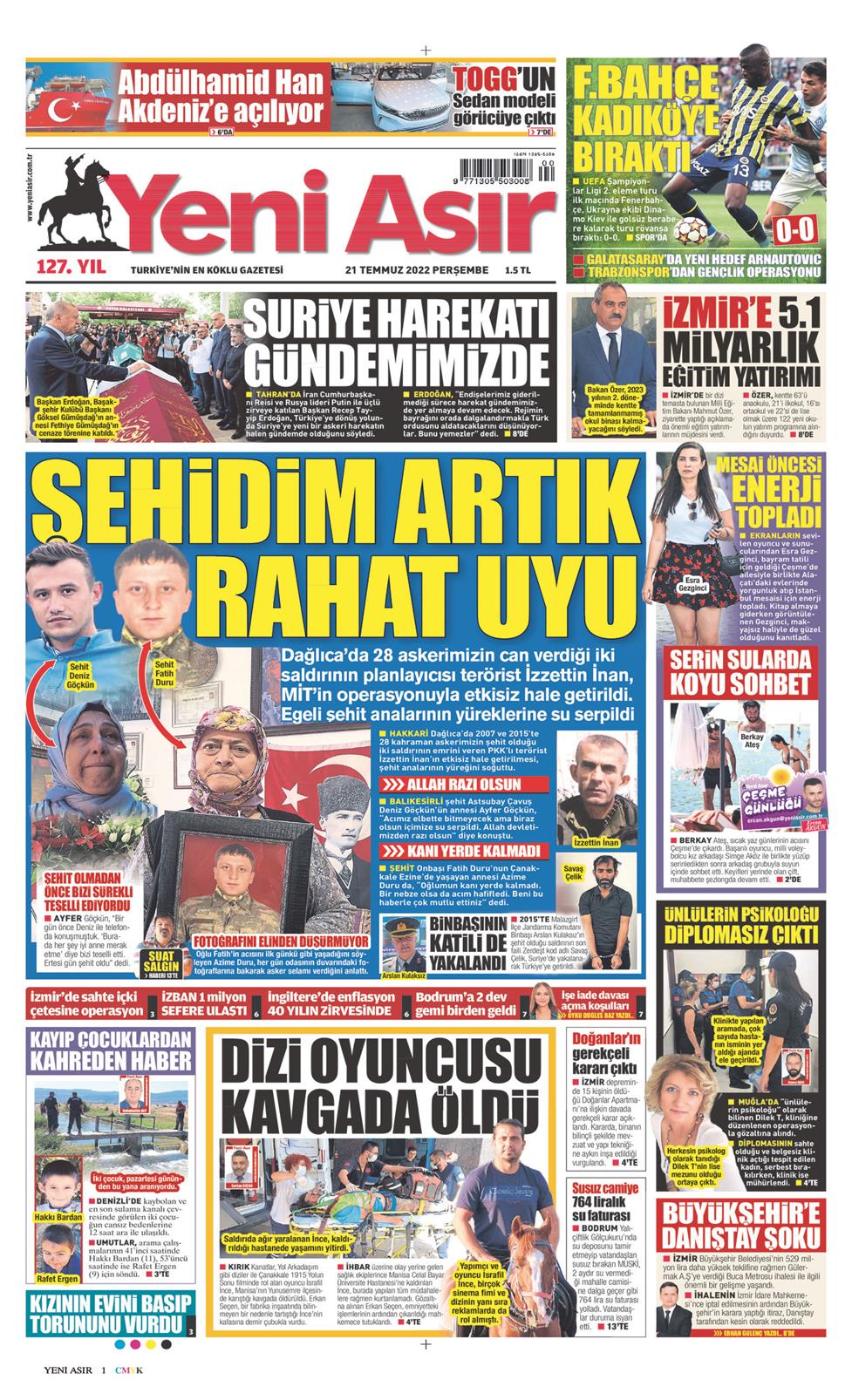 21 Temmuz 2022 Perşembe - Yeni Asır gazetesi manşet