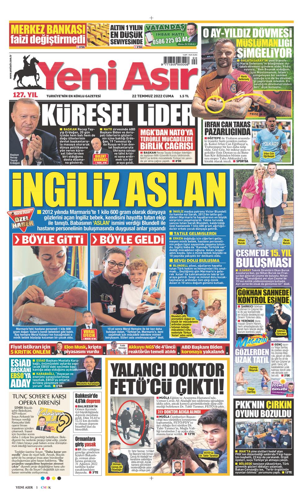 22 Temmuz 2022 Cuma - Yeni Asır gazetesi manşet