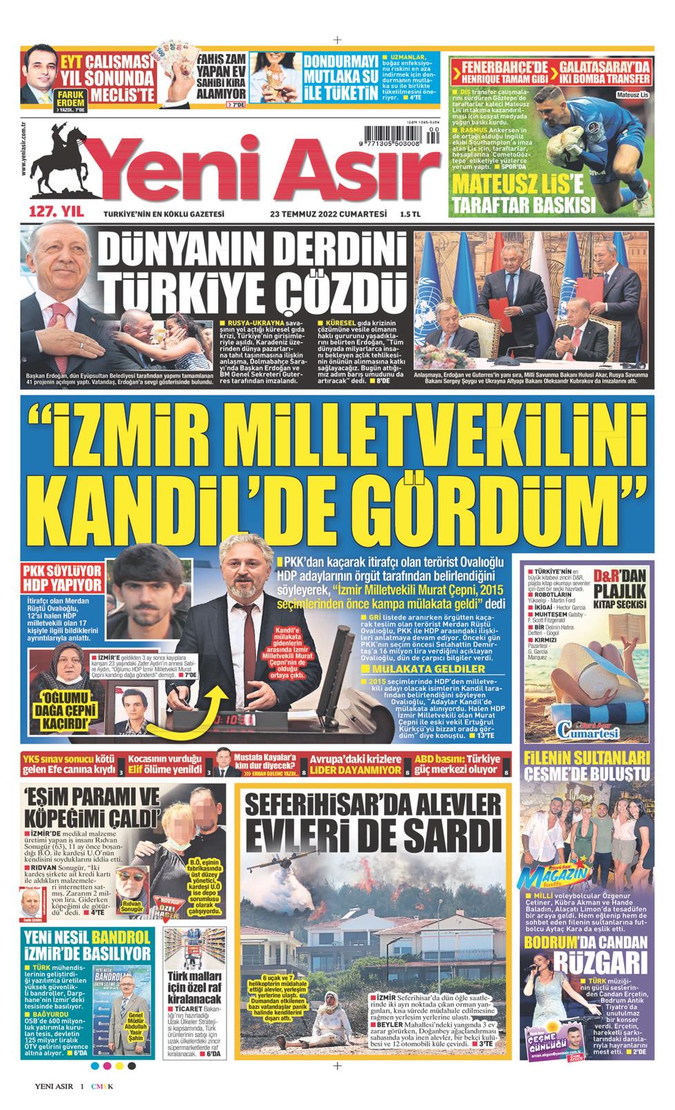 23 Temmuz 2022 Cumartesi - Yeni Asır gazetesi manşet