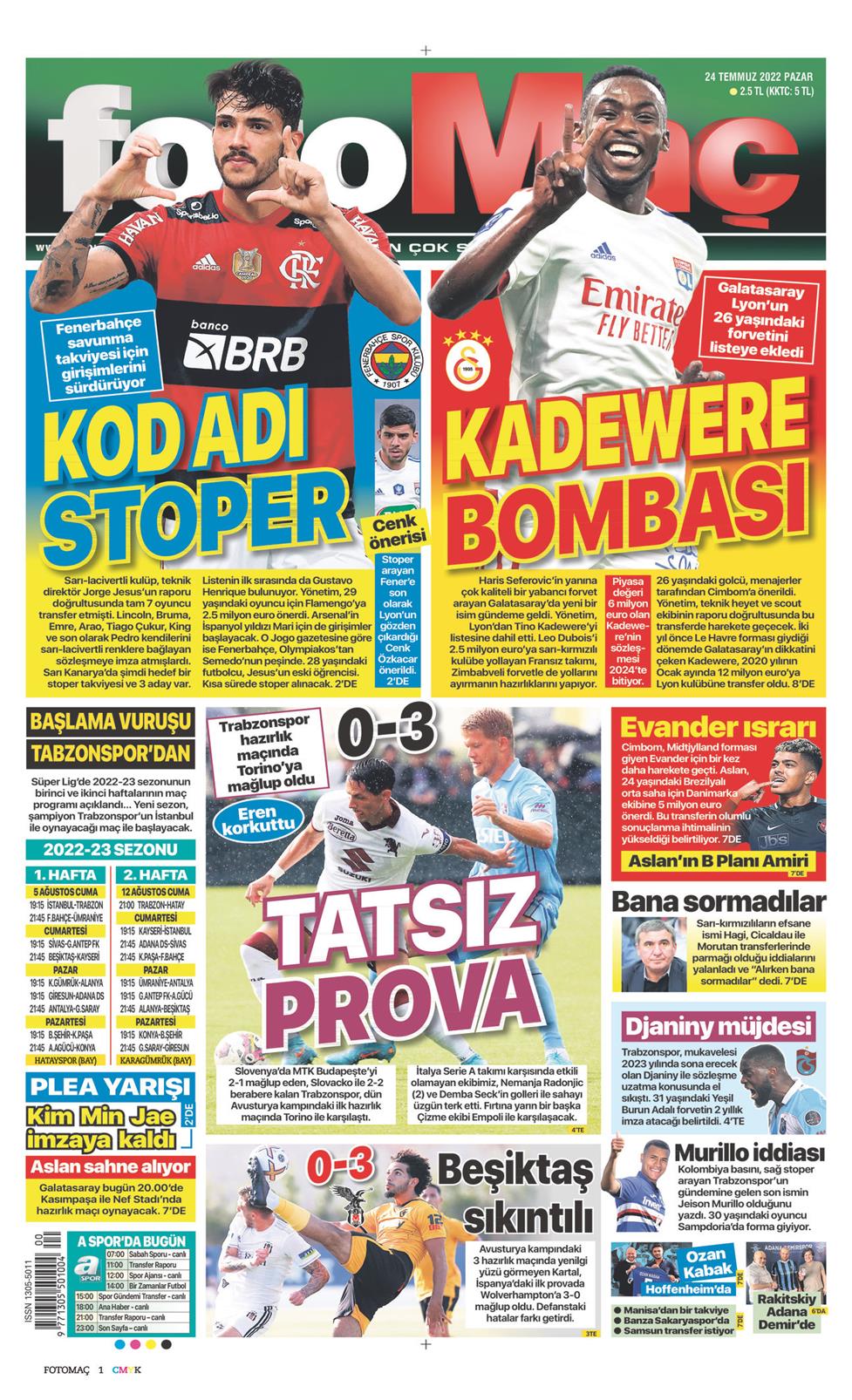 24 Temmuz 2022 Pazar - Fotomaç gazetesi manşet