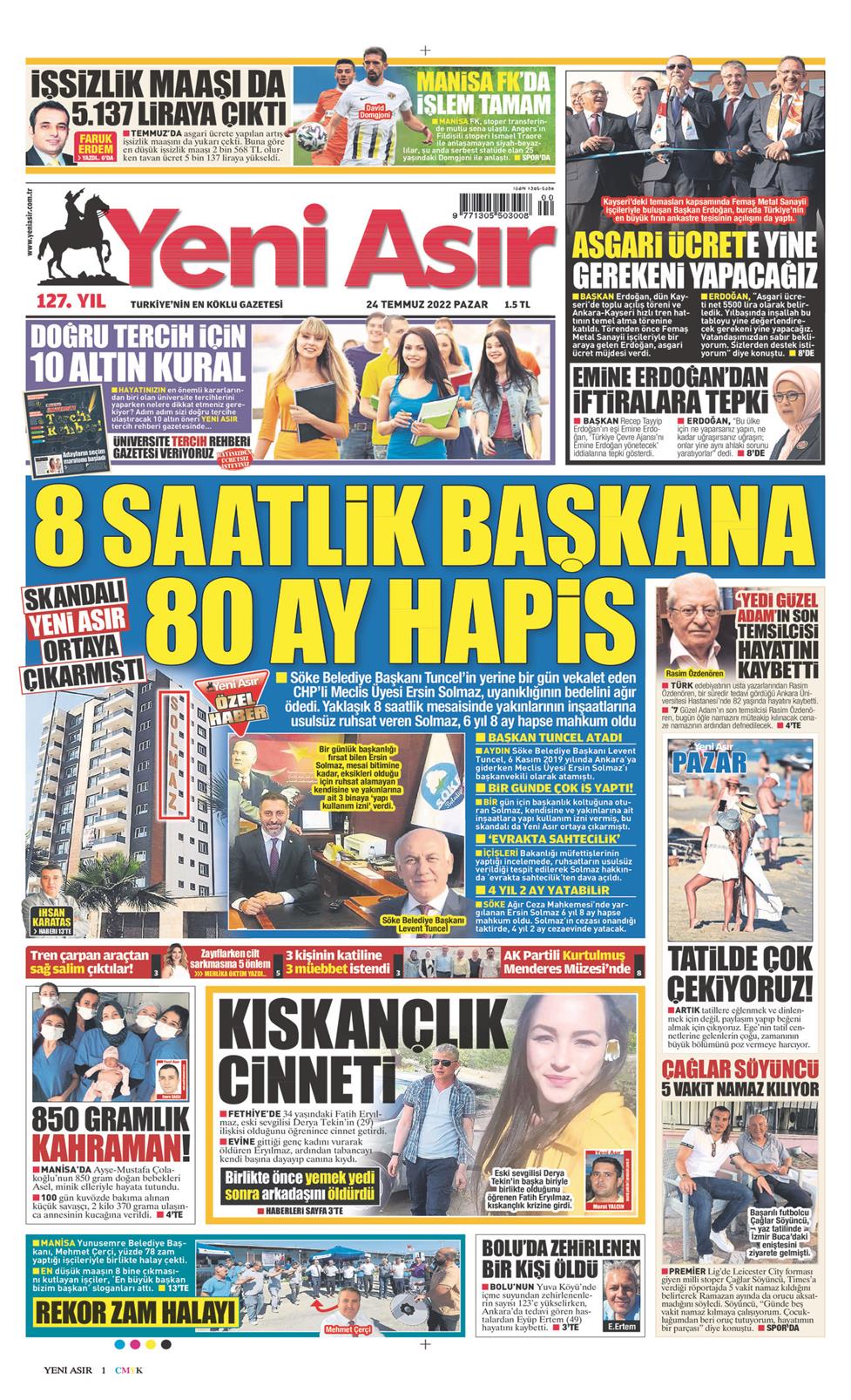 24 Temmuz 2022 Pazar - Yeni Asır gazetesi manşet