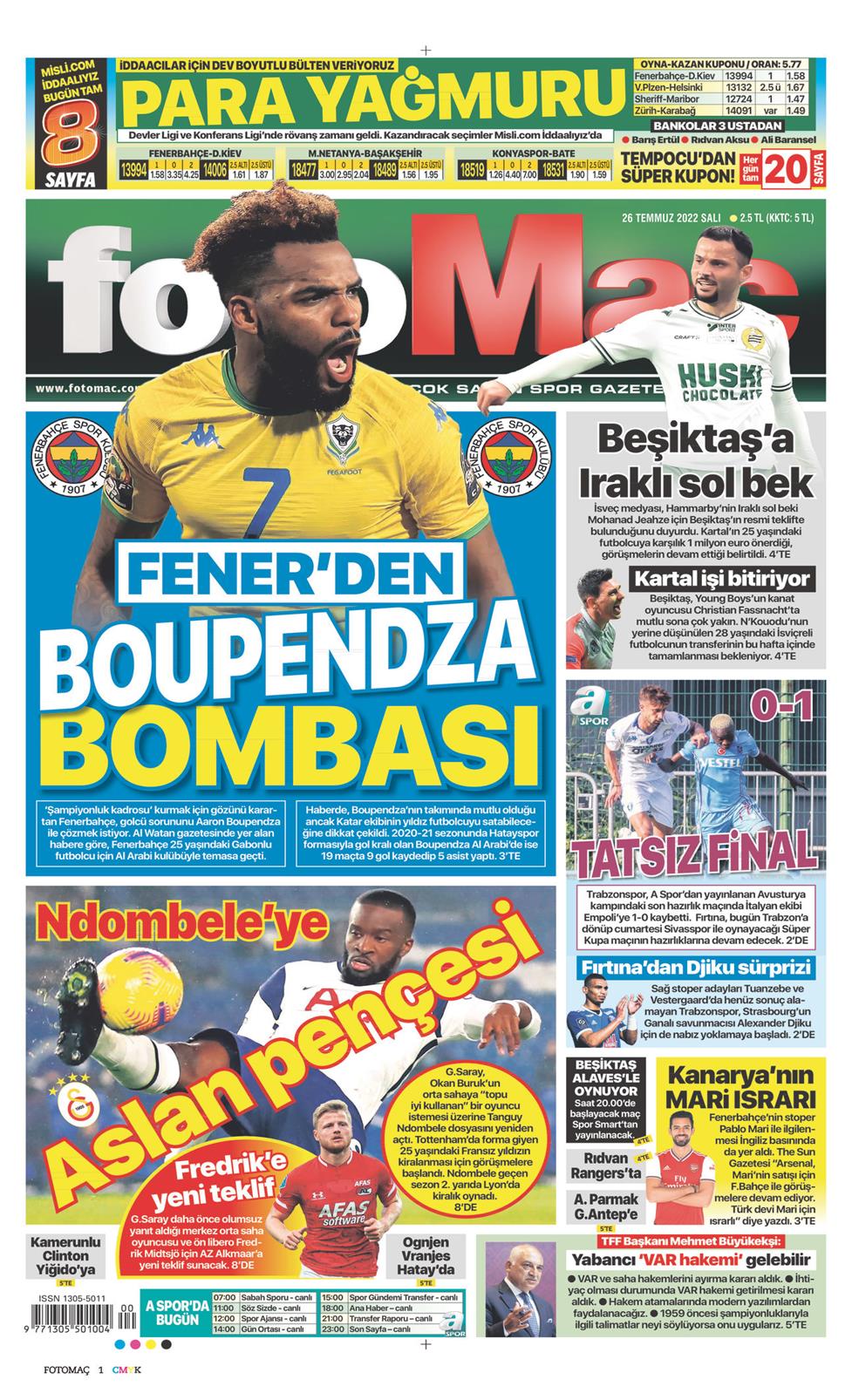 26 Temmuz 2022 Salı - Fotomaç gazetesi manşet
