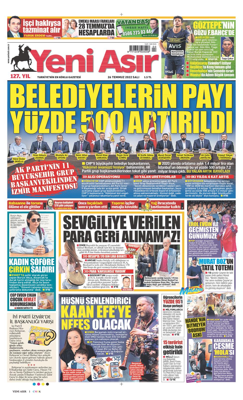 26 Temmuz 2022 Salı - Yeni Asır gazetesi manşet