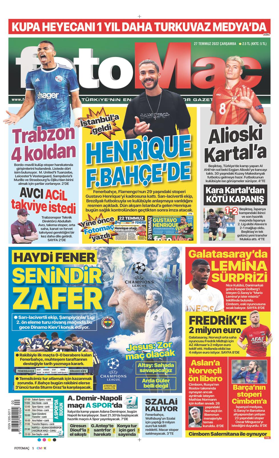 27 Temmuz 2022 Çarşamba - Fotomaç gazetesi manşet