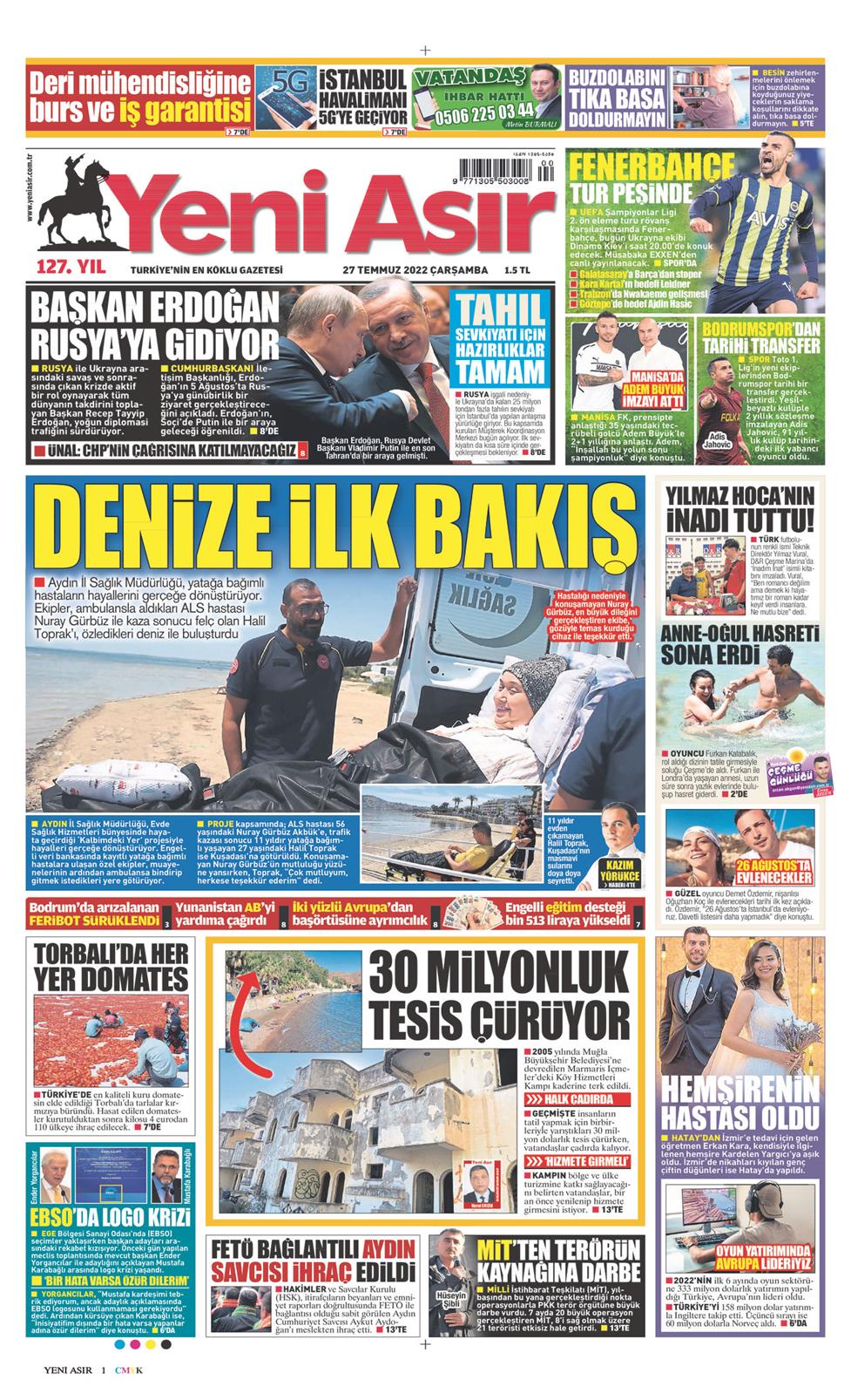 27 Temmuz 2022 Çarşamba - Yeni Asır gazetesi manşet