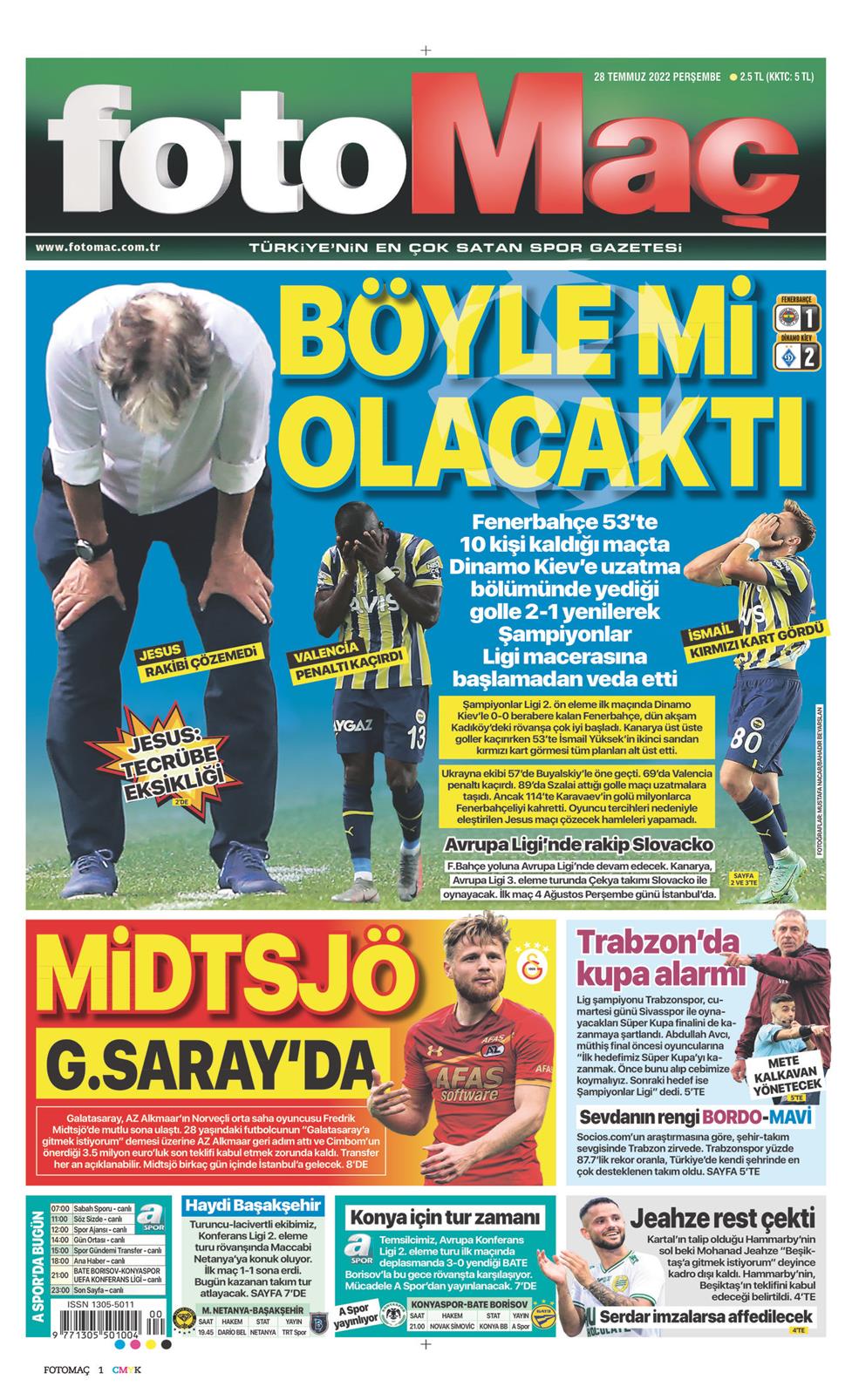 28 Temmuz 2022 Perşembe - Fotomaç gazetesi manşet