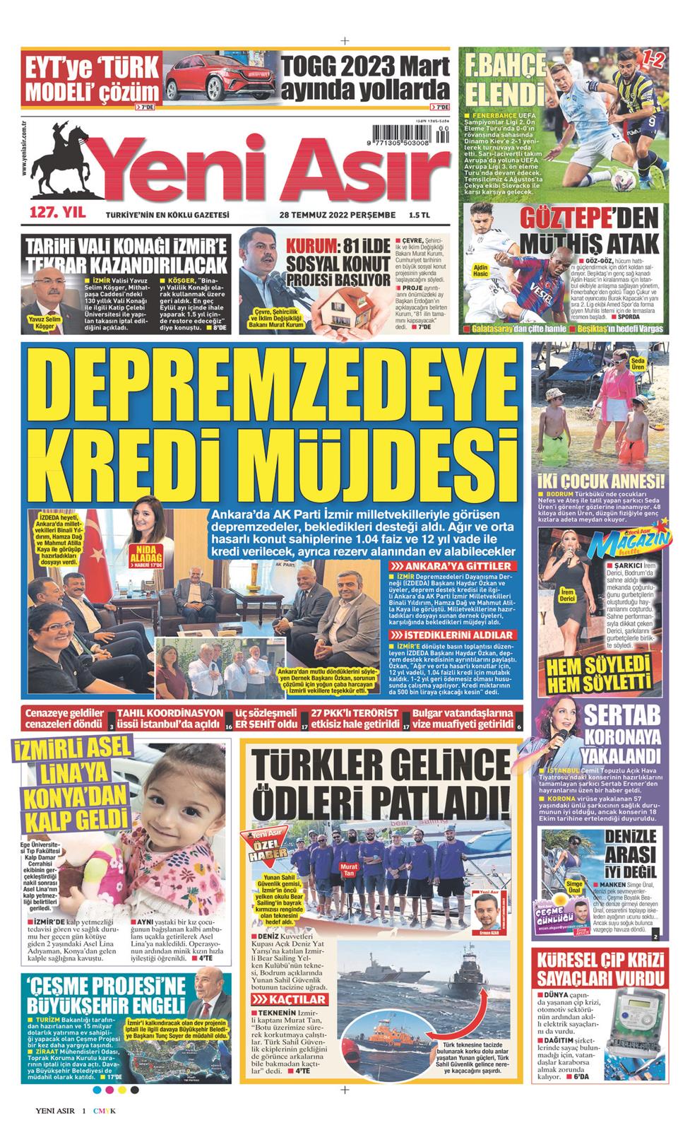 28 Temmuz 2022 Perşembe - Yeni Asır gazetesi manşet