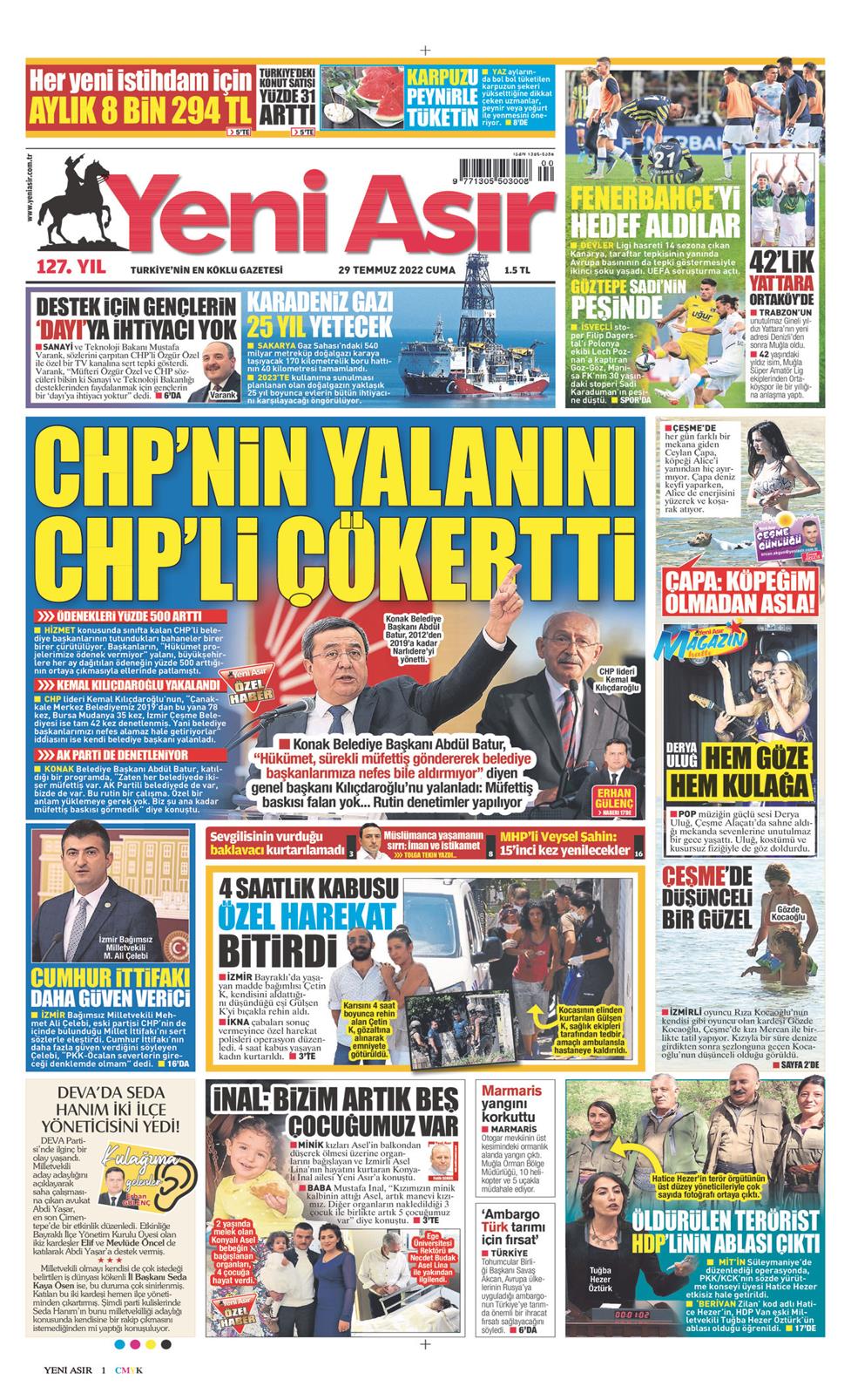 29 Temmuz 2022 Cuma - Yeni Asır gazetesi manşet