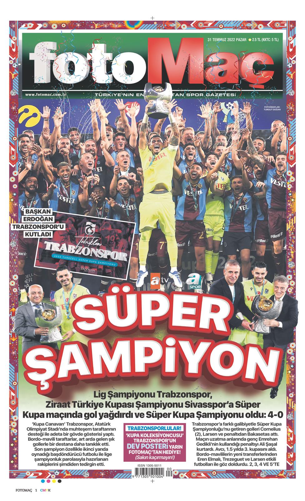 31 Temmuz 2022 Pazar - Fotomaç gazetesi manşet