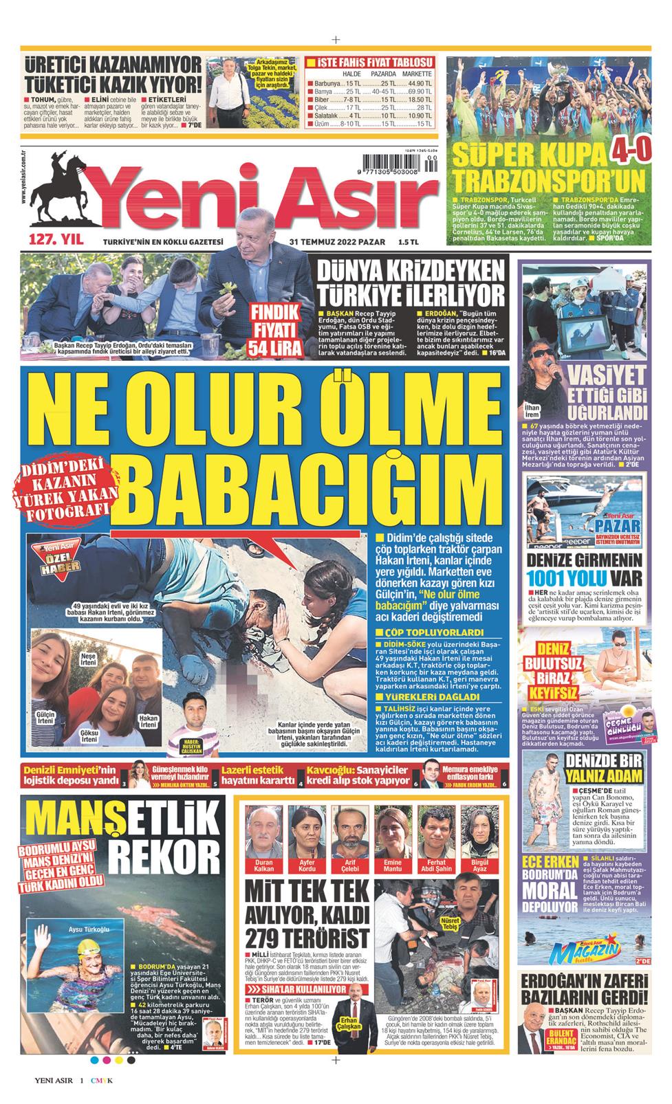 31 Temmuz 2022 Pazar - Yeni Asır gazetesi manşet