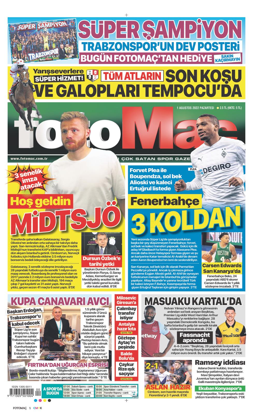 01 Ağustos 2022 Pazartesi - Fotomaç gazetesi manşet