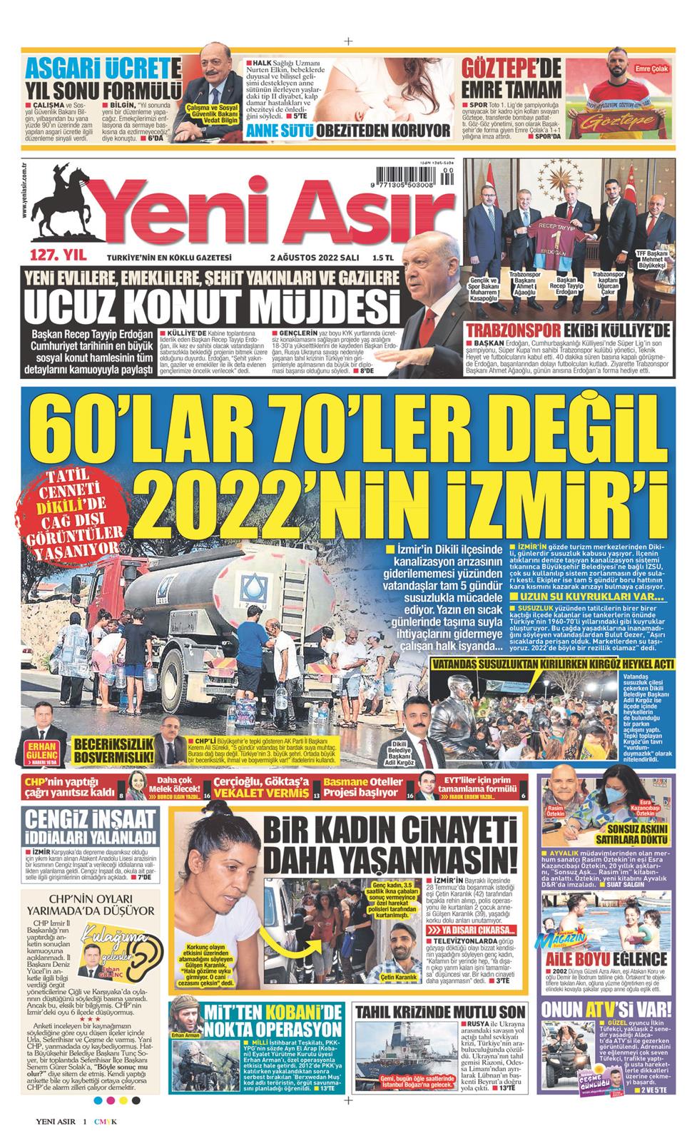 02 Ağustos 2022 Salı - Yeni Asır gazetesi manşet