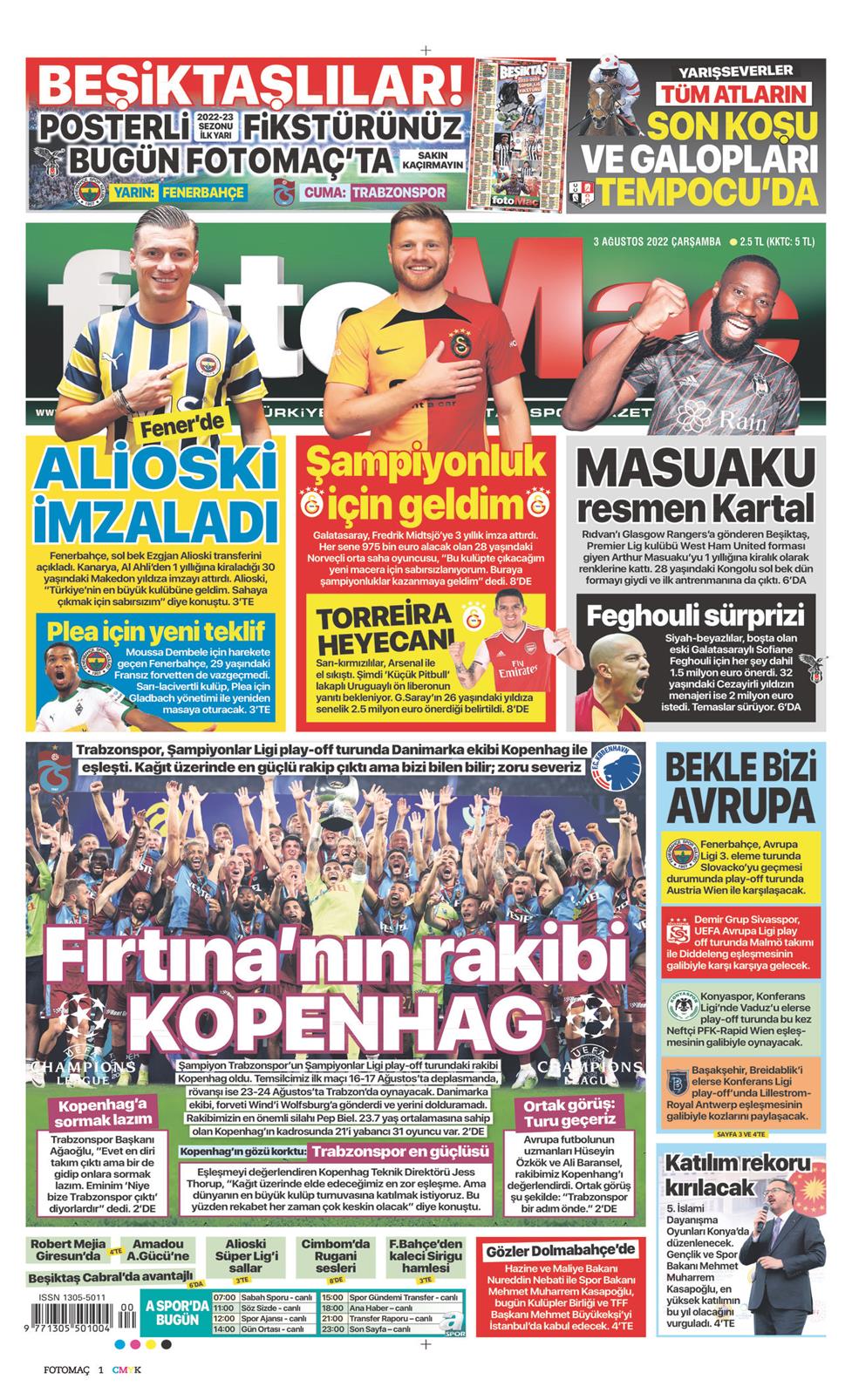 03 Ağustos 2022 Çarşamba - Fotomaç gazetesi manşet