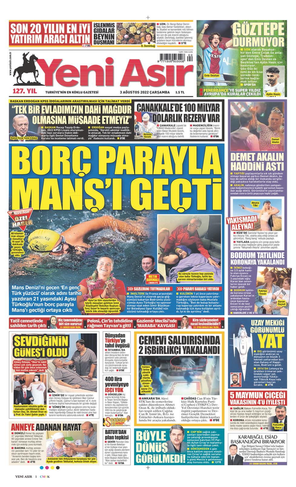 03 Ağustos 2022 Çarşamba - Yeni Asır gazetesi manşet