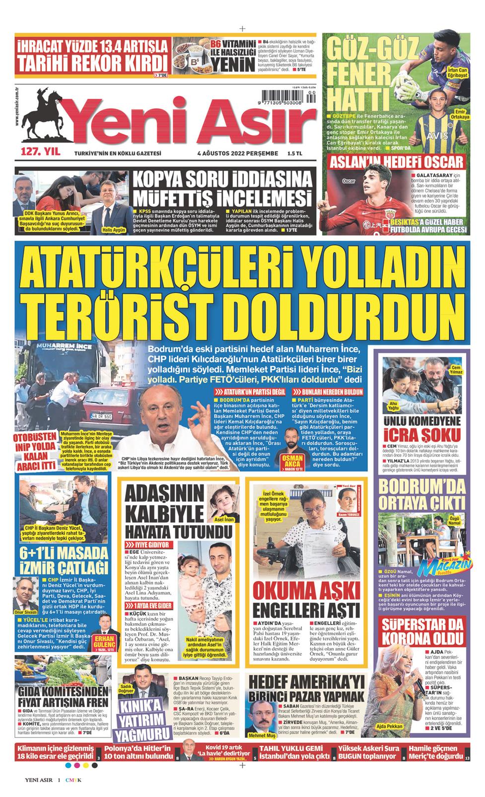 04 Ağustos 2022 Perşembe - Yeni Asır gazetesi manşet