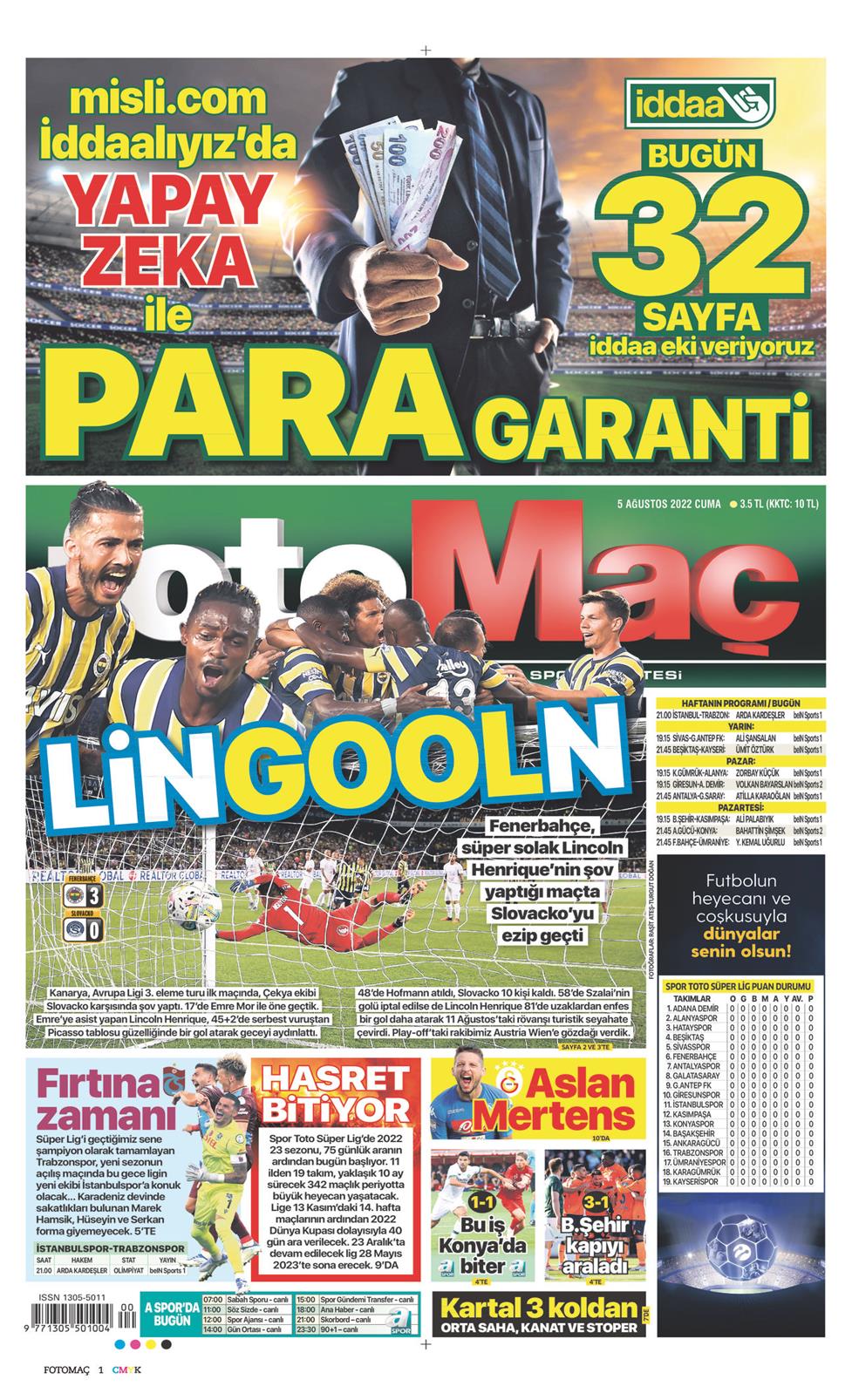 05 Ağustos 2022 Cuma - Fotomaç gazetesi manşet