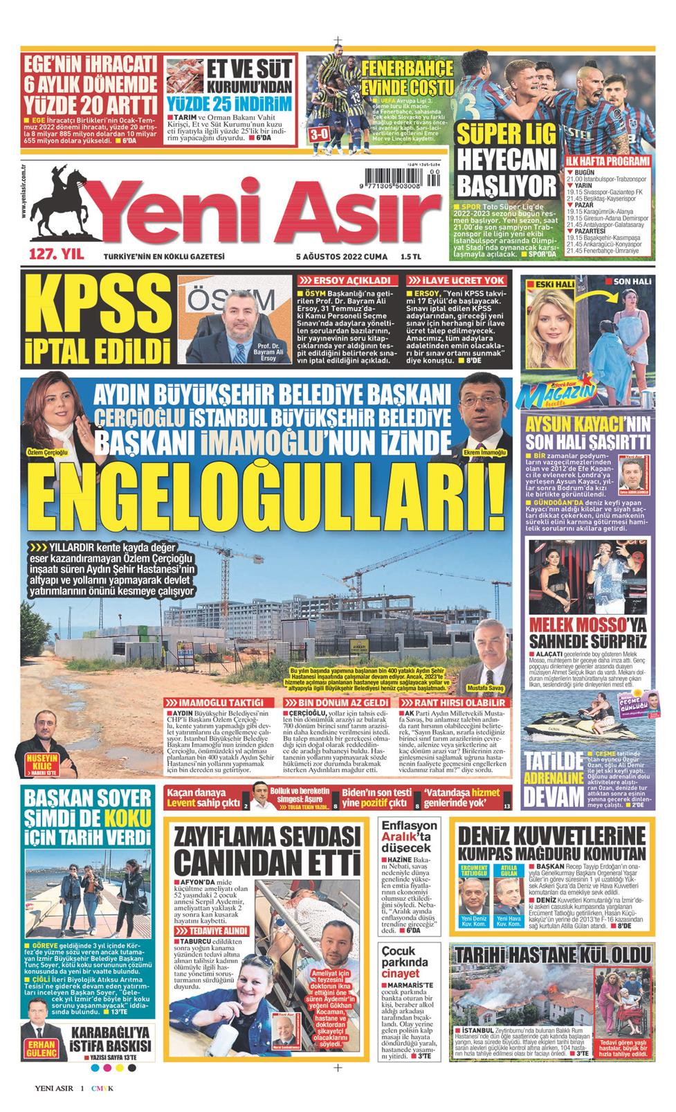 05 Ağustos 2022 Cuma - Yeni Asır gazetesi manşet
