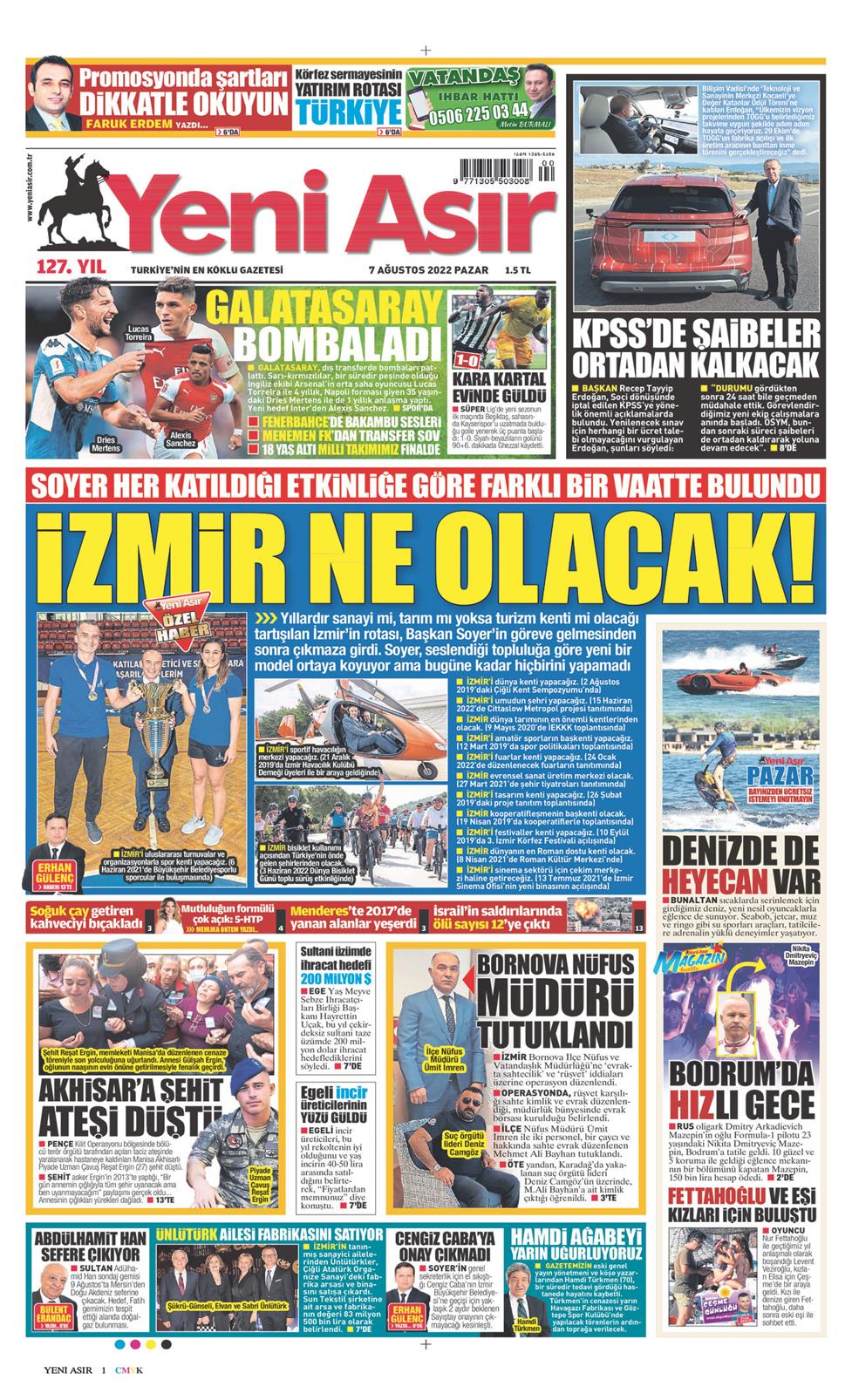 07 Ağustos 2022 Pazar - Yeni Asır gazetesi manşet