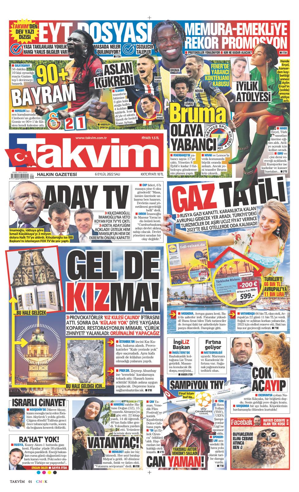 Takvim Gazetesi 6 Eylül 2022, Salı Günü Manşeti