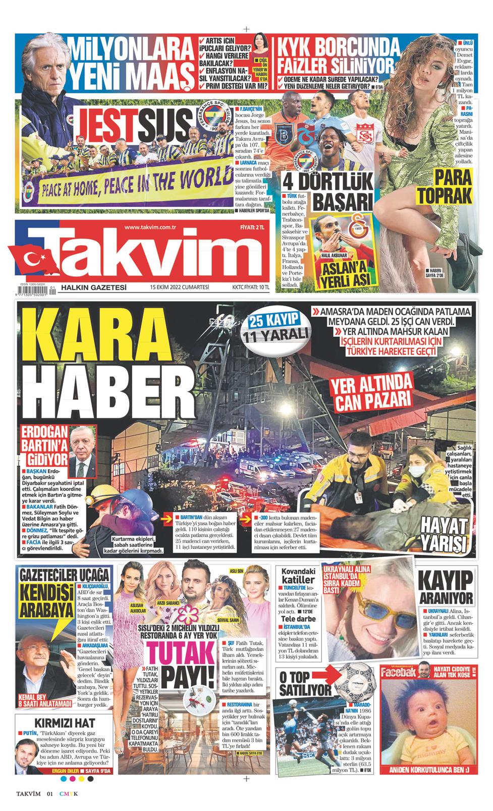 15 Ekim 2022 Cumartesi - Takvim gazetesi manşet