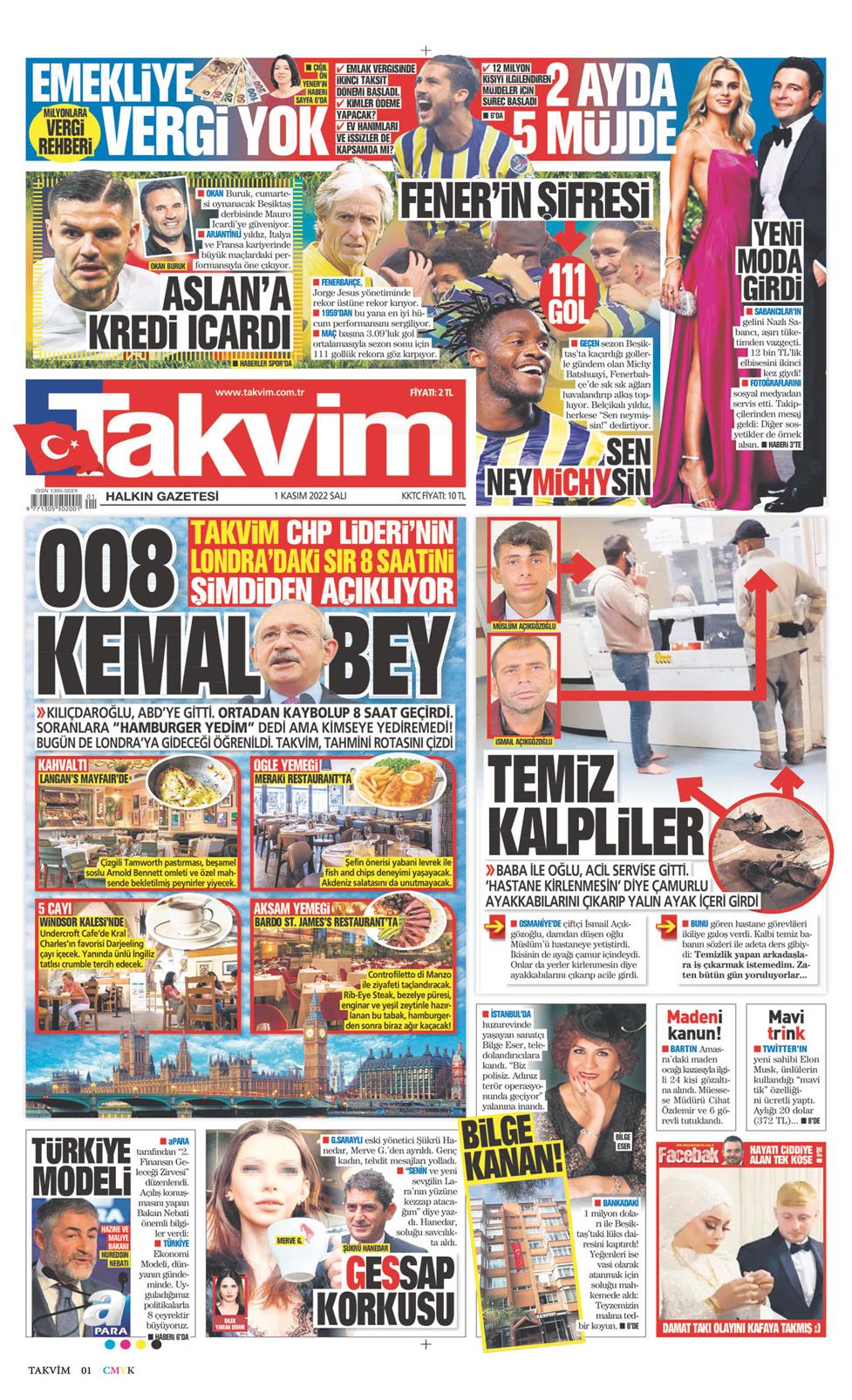 Takvim Gazetesi 1 Kasım 2022, Salı Günü Manşeti
