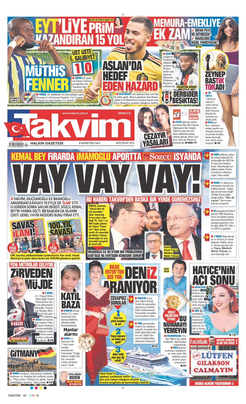 Takvim Gazetesi 8 Kasım 2022, Salı Günü Manşeti