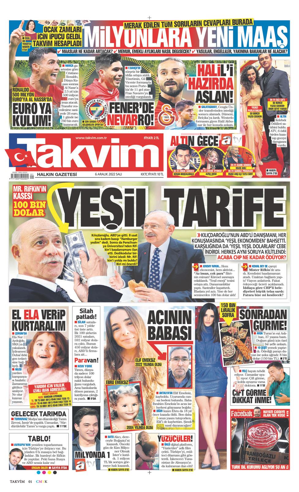 06 Aralık 2022 Salı - Takvim gazetesi manşet