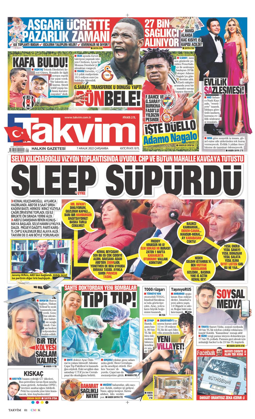 07 Aralık 2022 Çarşamba - Takvim gazetesi manşet