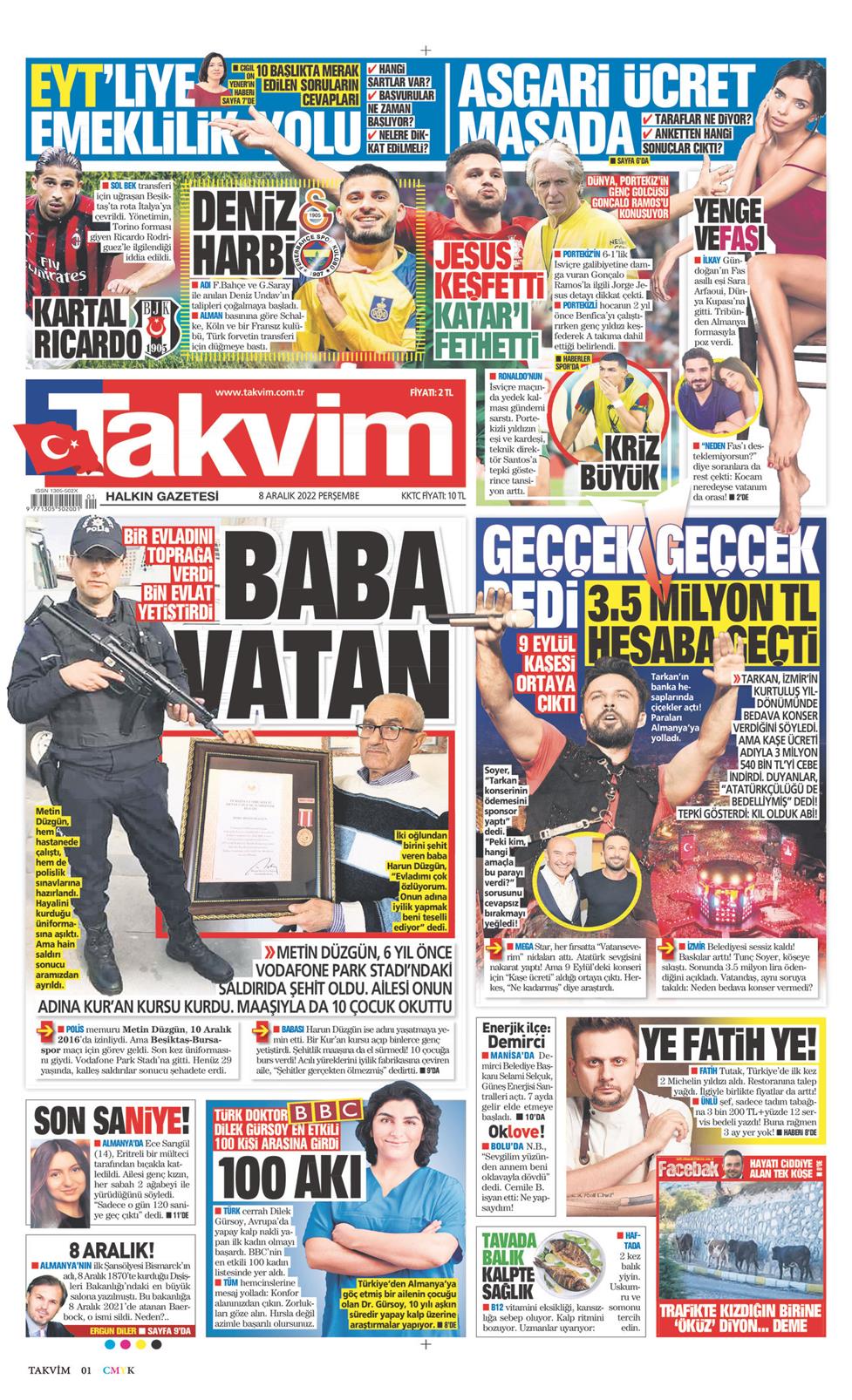 08 Aralık 2022 Perşembe - Takvim gazetesi manşet