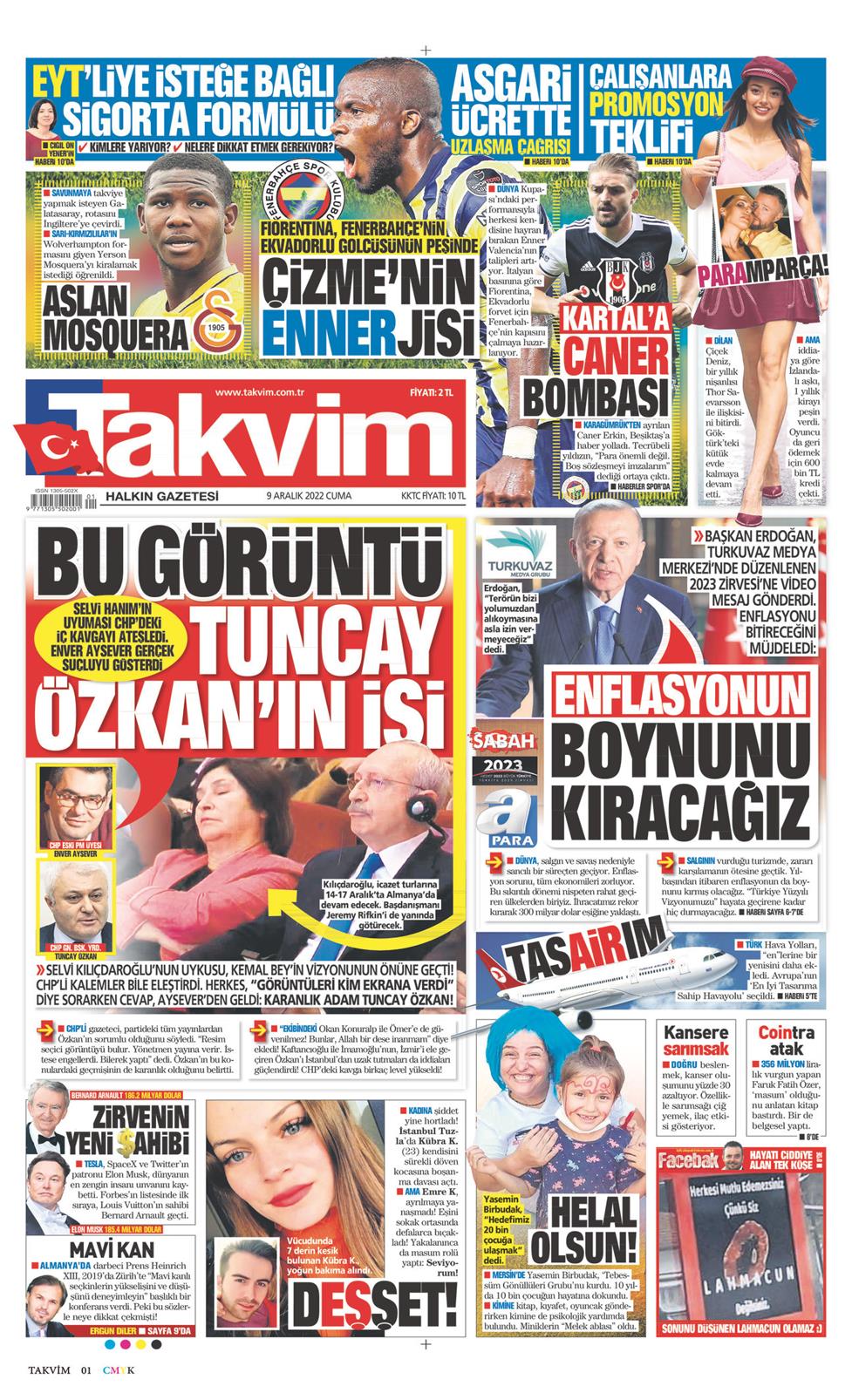 09 Aralık 2022 Cuma - Takvim gazetesi manşet