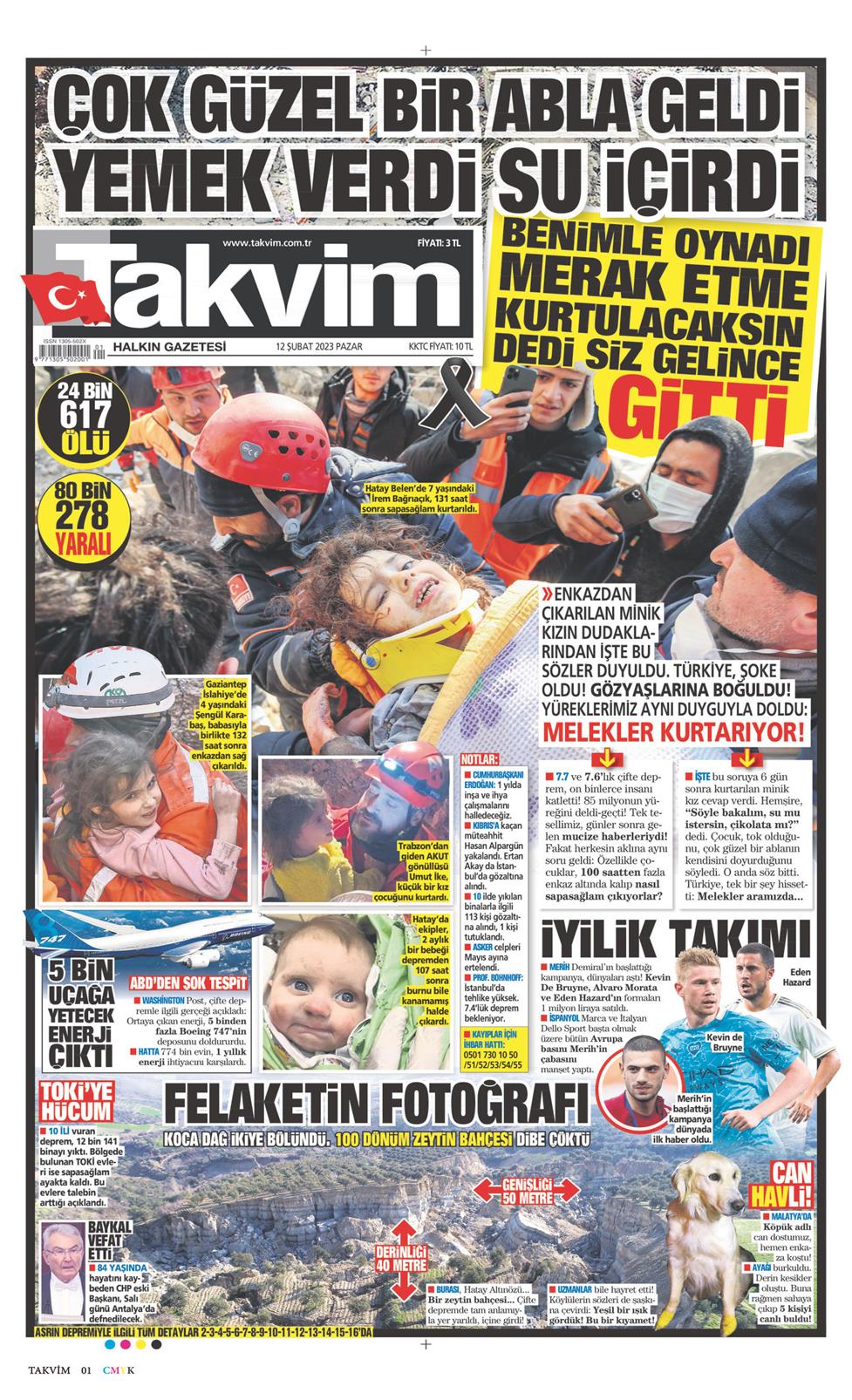 12 Şubat 2023 Pazar - Takvim gazetesi manşet