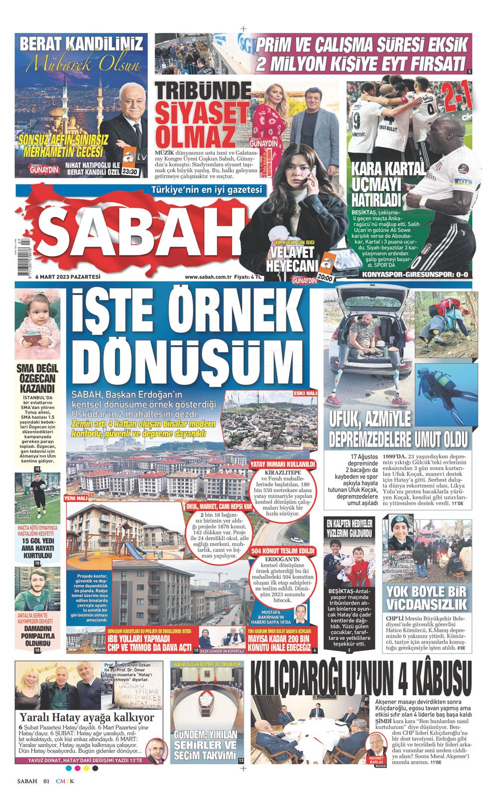 06 Mart 2023 Pazartesi - Sabah gazetesi manşet