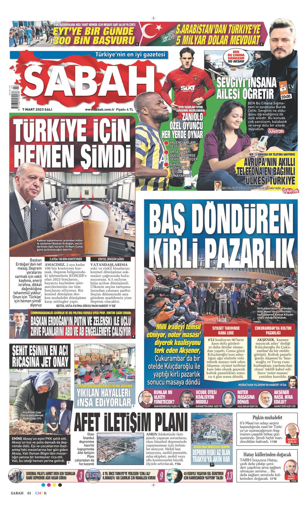 07 Mart 2023 Salı - Sabah gazetesi manşet