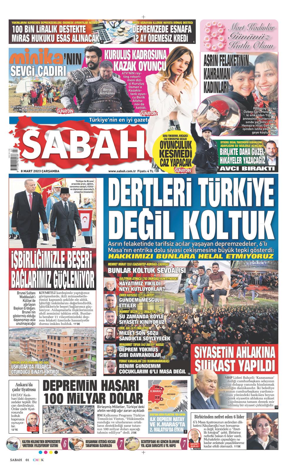 08 Mart 2023 Çarşamba - Sabah gazetesi manşet