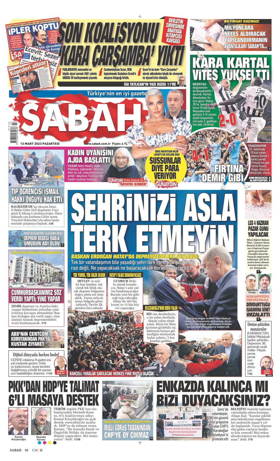 13 Mart 2023 Pazartesi - Sabah gazetesi manşet