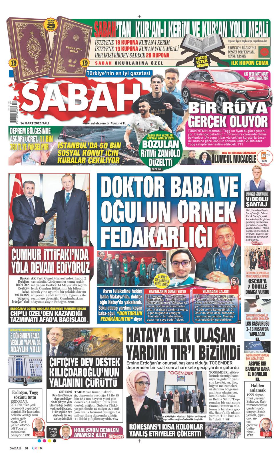 14 Mart 2023 Salı - Sabah gazetesi manşet