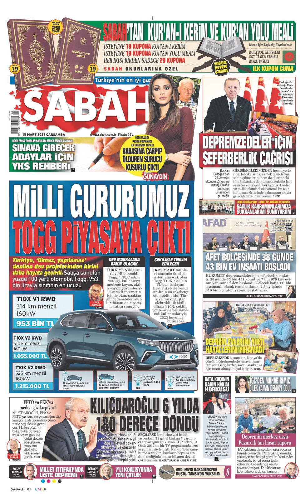15 Mart 2023 Çarşamba - Sabah gazetesi manşet