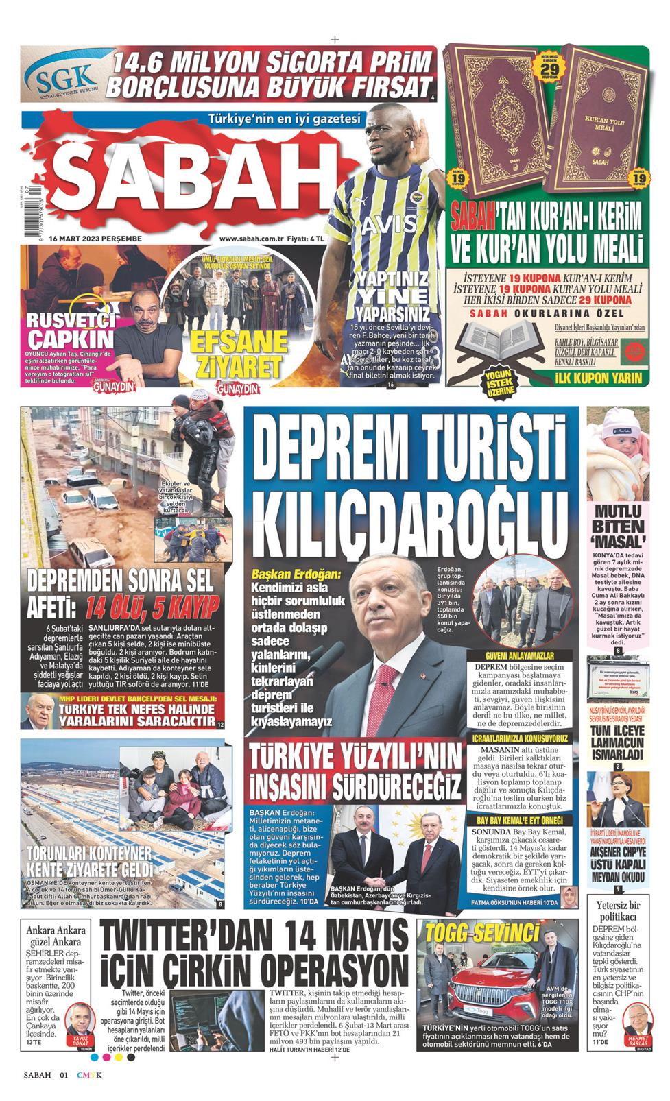 16 Mart 2023 Perşembe - Sabah gazetesi manşet