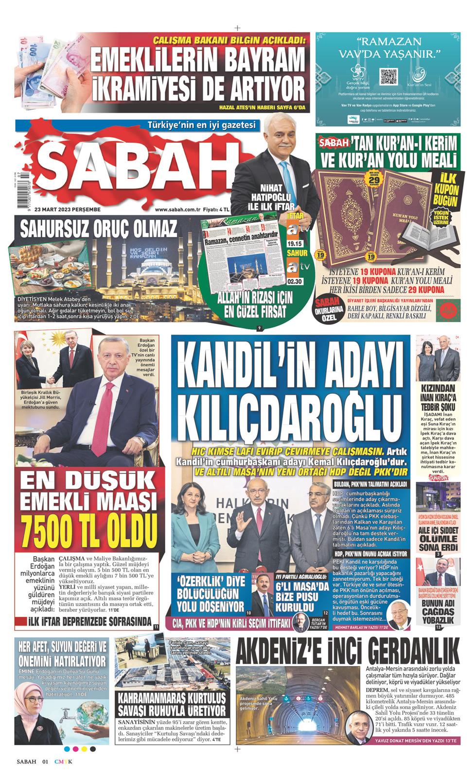 23 Mart 2023 Perşembe - Sabah gazetesi manşet