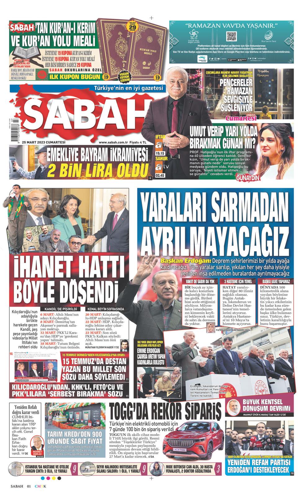 25 Mart 2023 Cumartesi - Sabah gazetesi manşet