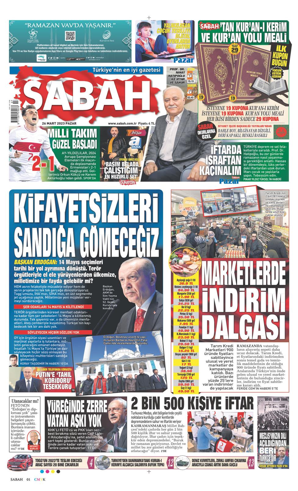 26 Mart 2023 Pazar - Sabah gazetesi manşet