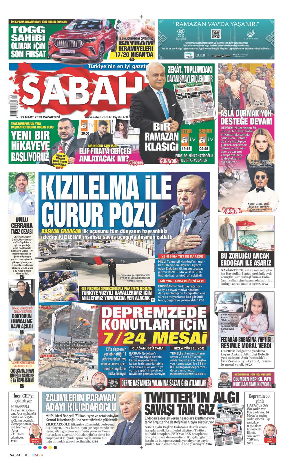 27 Mart 2023 Pazartesi - Sabah gazetesi manşet