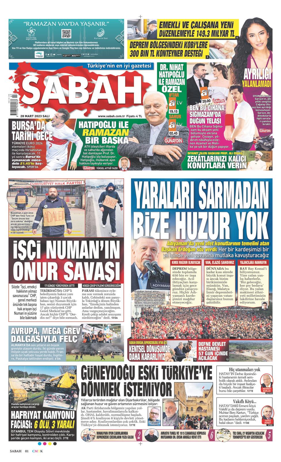 28 Mart 2023 Salı - Sabah gazetesi manşet